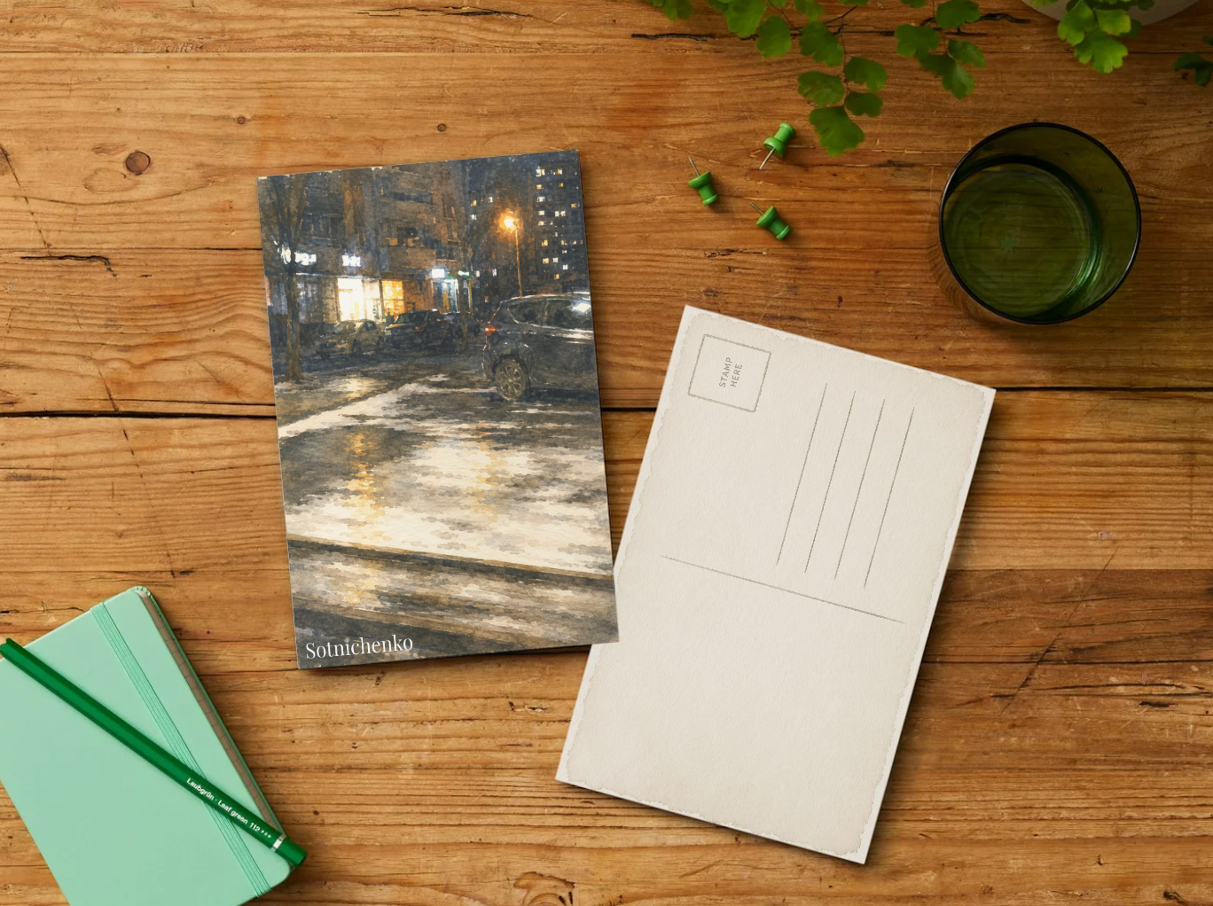 City Lights on Wet Pavement — Vintage Night Printable Postcard