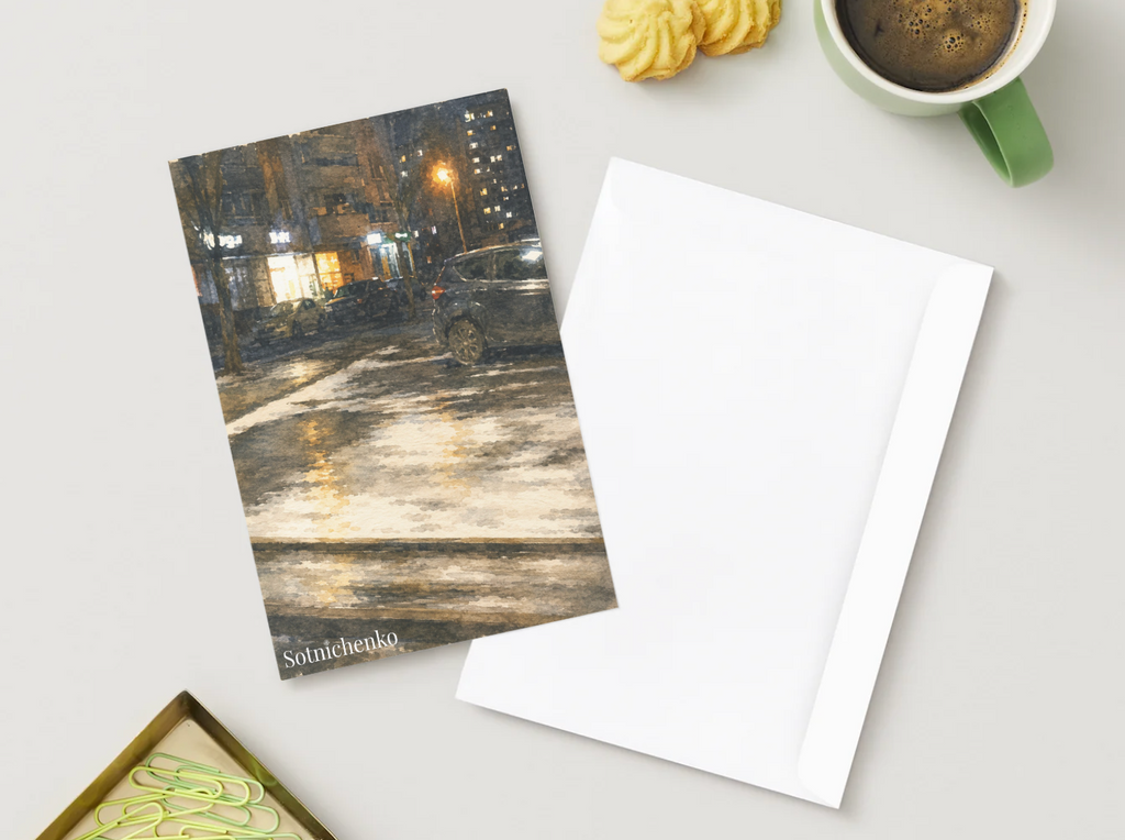 City Lights on Wet Pavement — Vintage Night Printable Postcard