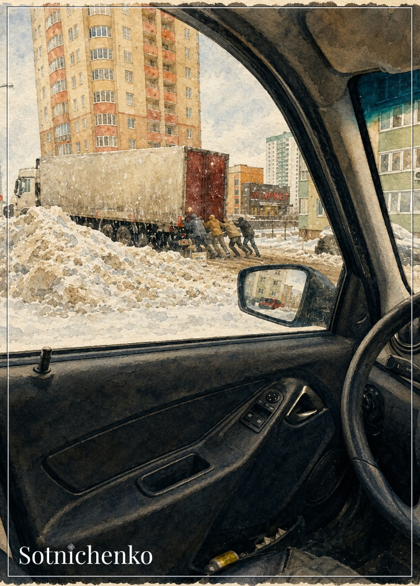 Pushing Through Winter — City Snow Printable Postcard