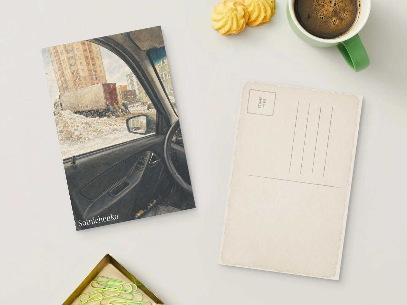 Pushing Through Winter — City Snow Printable Postcard