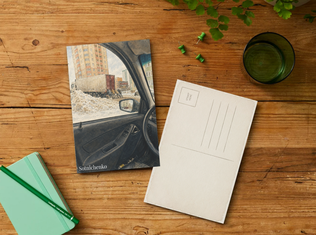 Pushing Through Winter — City Snow Printable Postcard