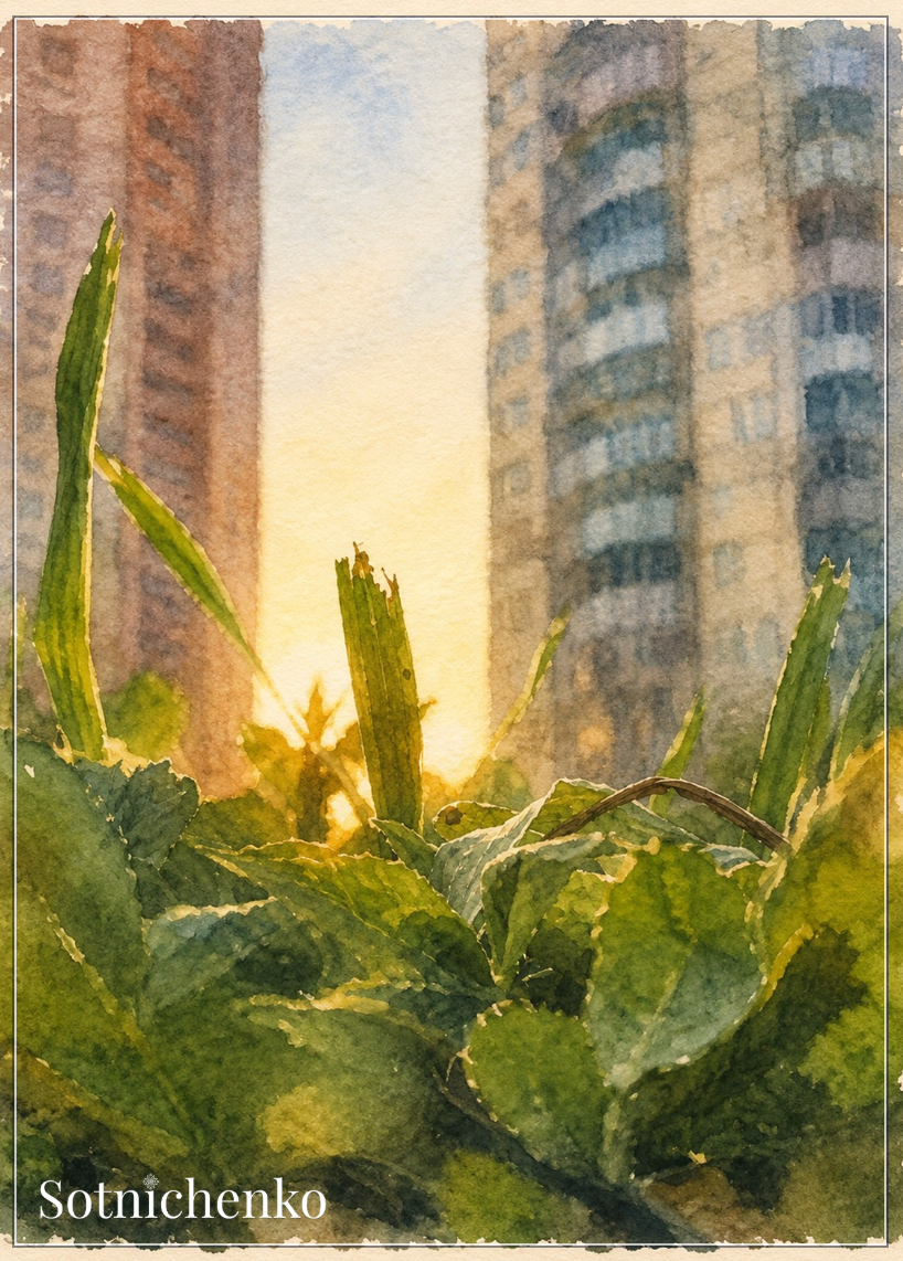 City Plants at Sunrise — Urban Botanical Printable Postcard