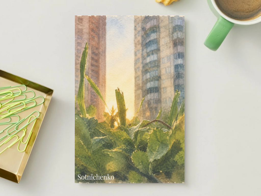 City Plants at Sunrise — Urban Botanical Printable Postcard
