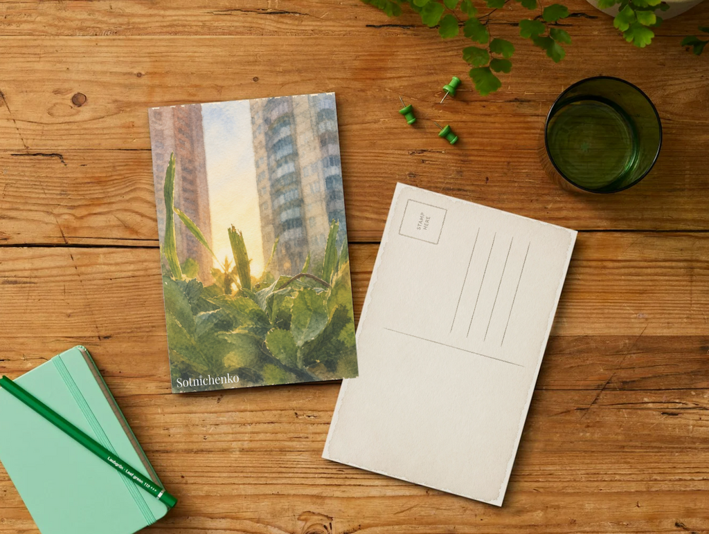 City Plants at Sunrise — Urban Botanical Printable Postcard