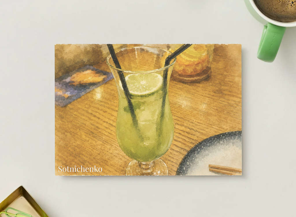 Green Lime Drink — Café Printable Postcard