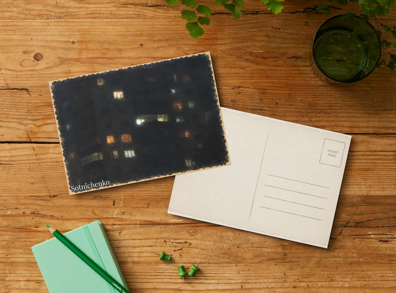 Apartment Windows at Night — Urban Printable Postcard