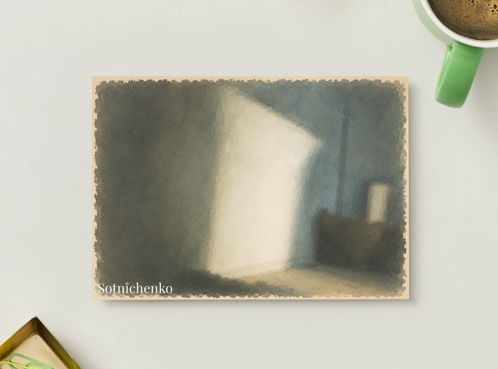 Light Through the Doorway — Moody Interior Printable Postcard