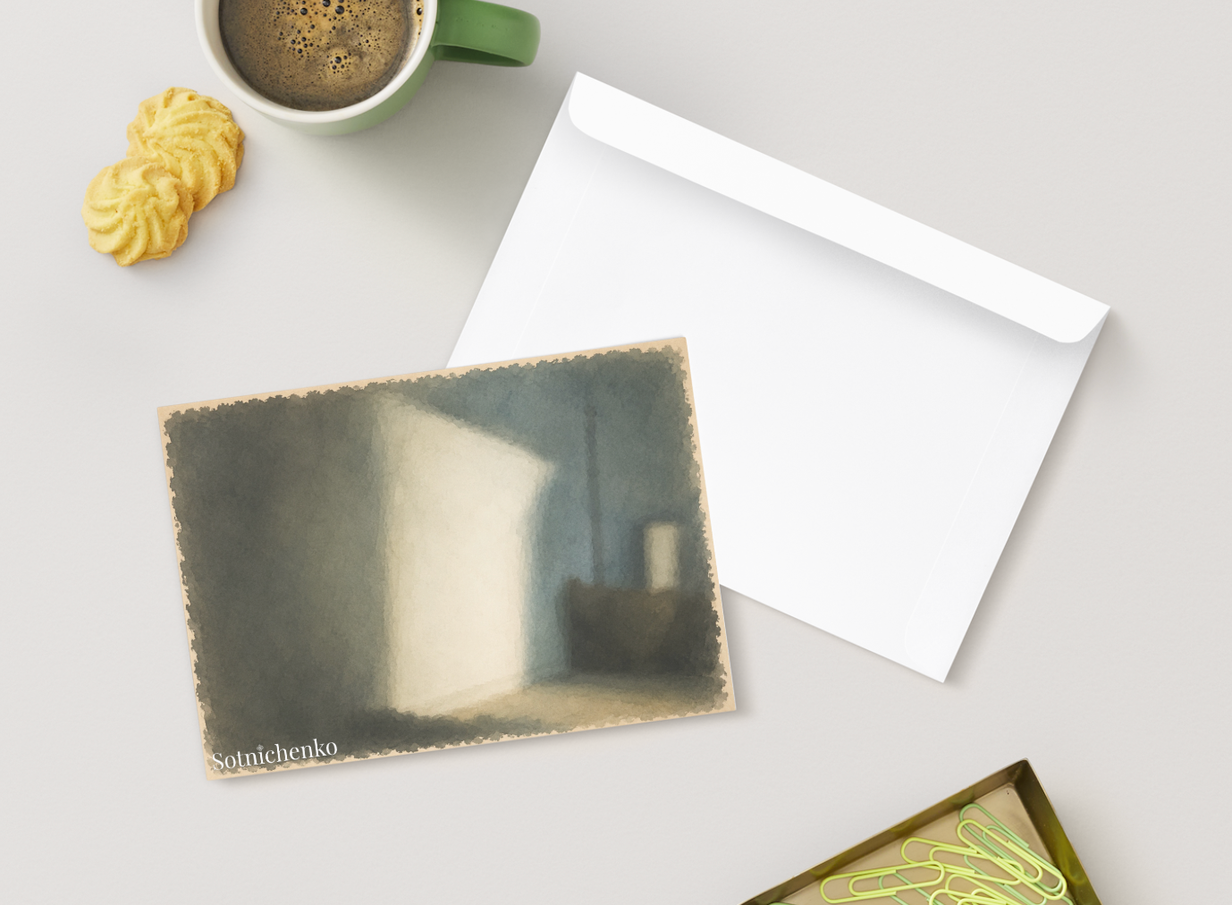 Light Through the Doorway — Moody Interior Printable Postcard