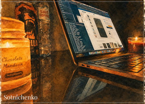 Candlelit Laptop Work — Cozy Digital Printable Postcard