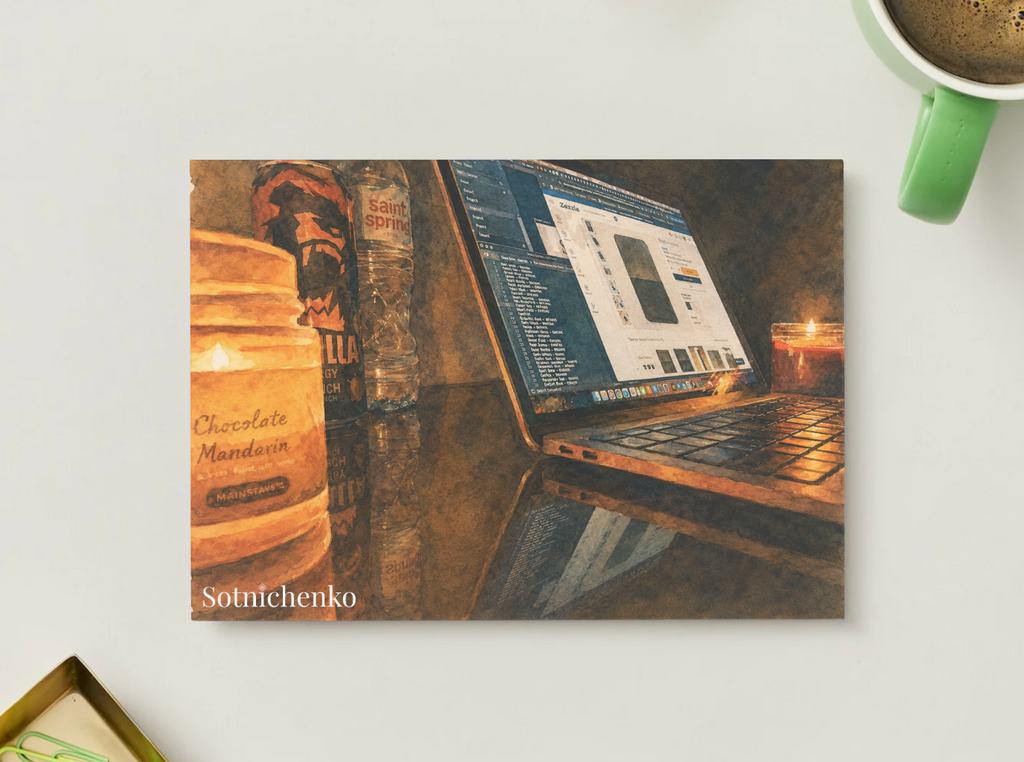 Candlelit Laptop Work — Cozy Digital Printable Postcard