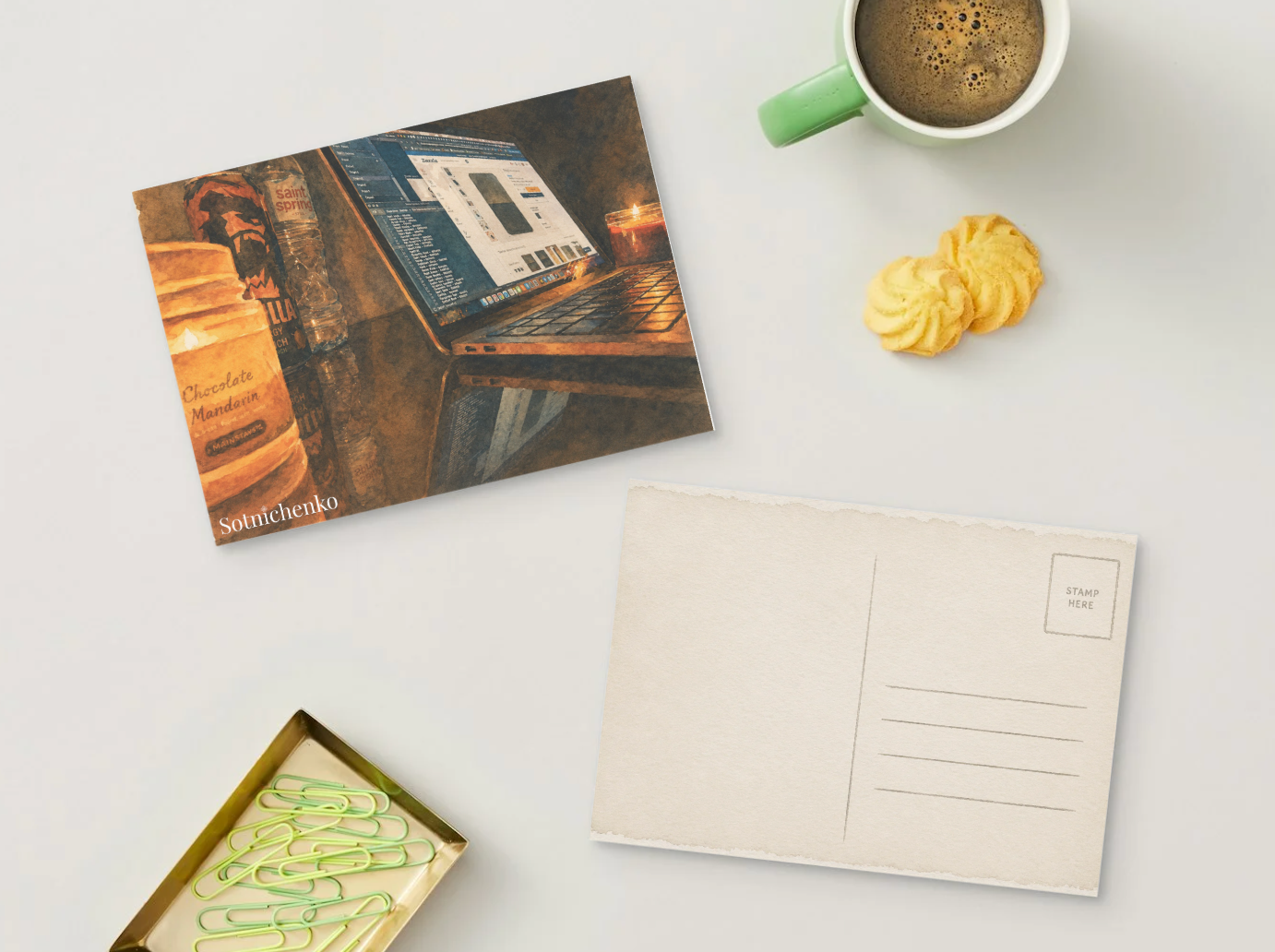 Candlelit Laptop Work — Cozy Digital Printable Postcard