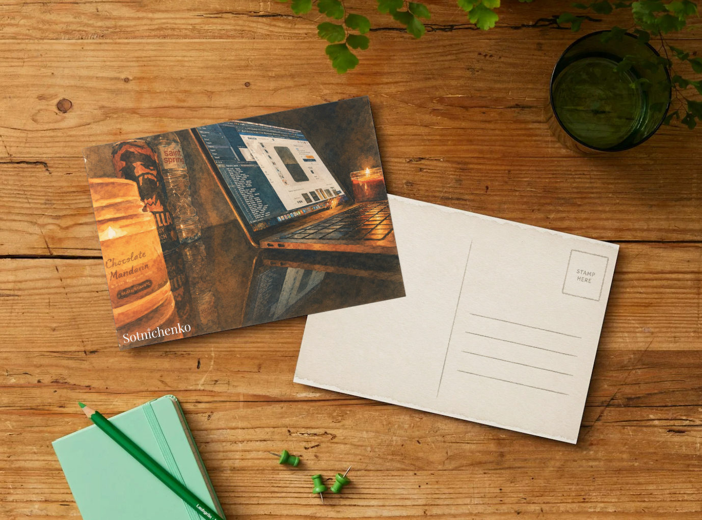Candlelit Laptop Work — Cozy Digital Printable Postcard