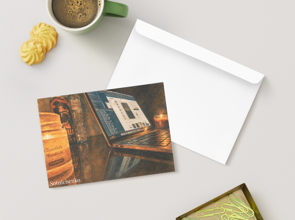 Candlelit Laptop Work — Cozy Digital Printable Postcard