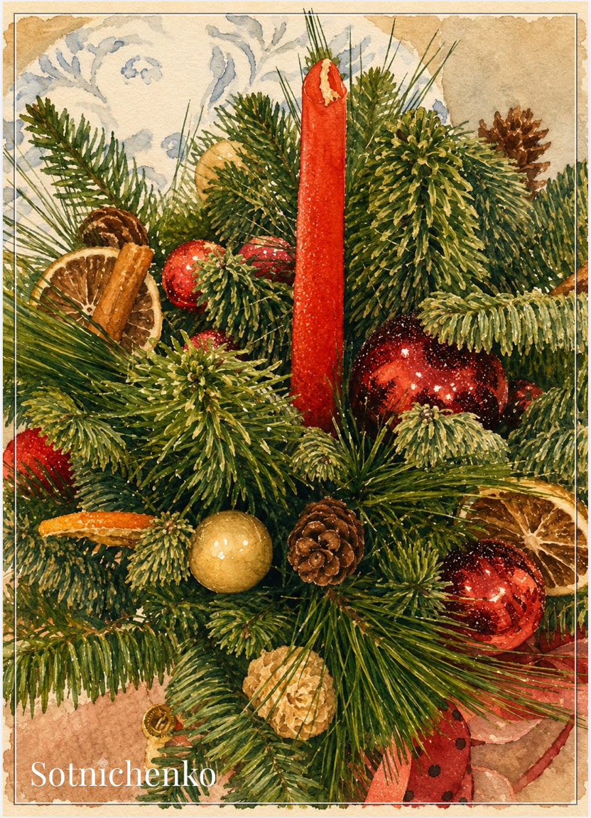 Red Candle and Pine — Vintage Christmas Printable Postcard