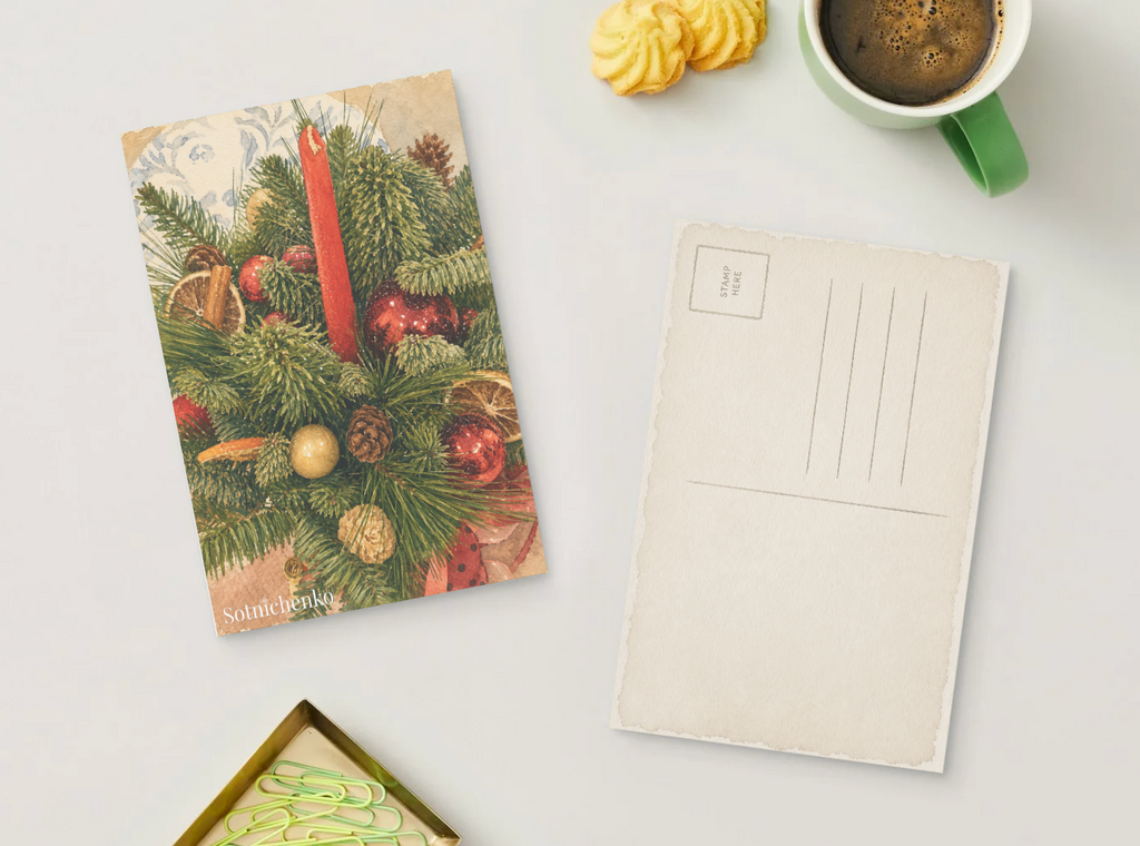 Red Candle and Pine — Vintage Christmas Printable Postcard