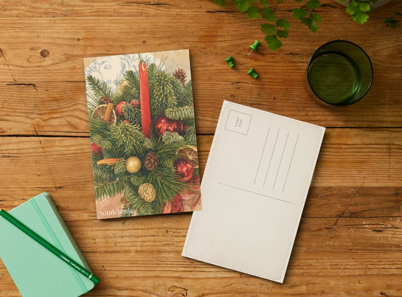 Red Candle and Pine — Vintage Christmas Printable Postcard