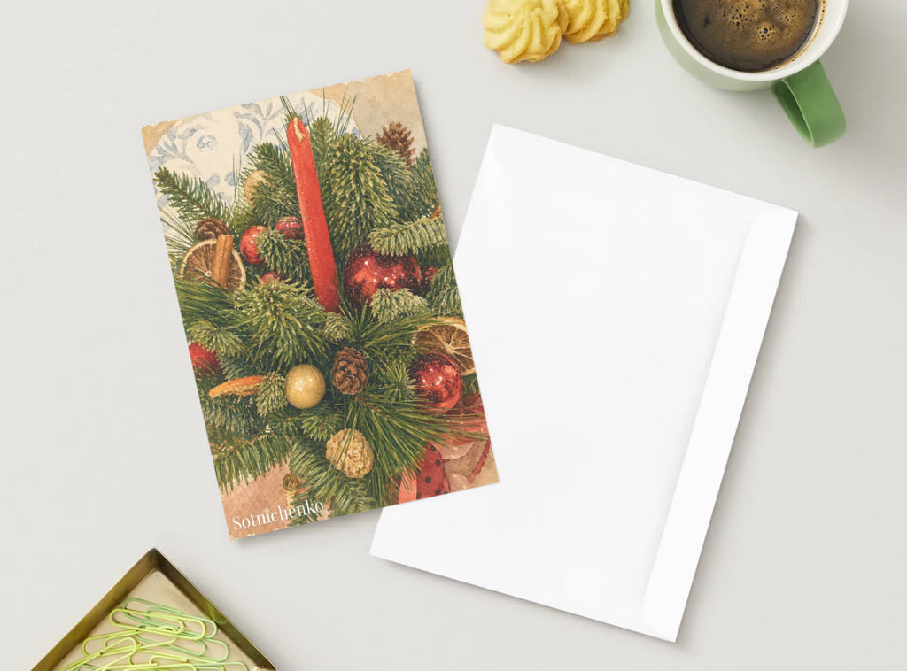 Red Candle and Pine — Vintage Christmas Printable Postcard
