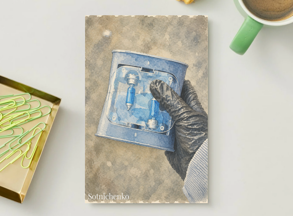 Blue Light Bulbs in Hand — DIY Repair Printable Postcard