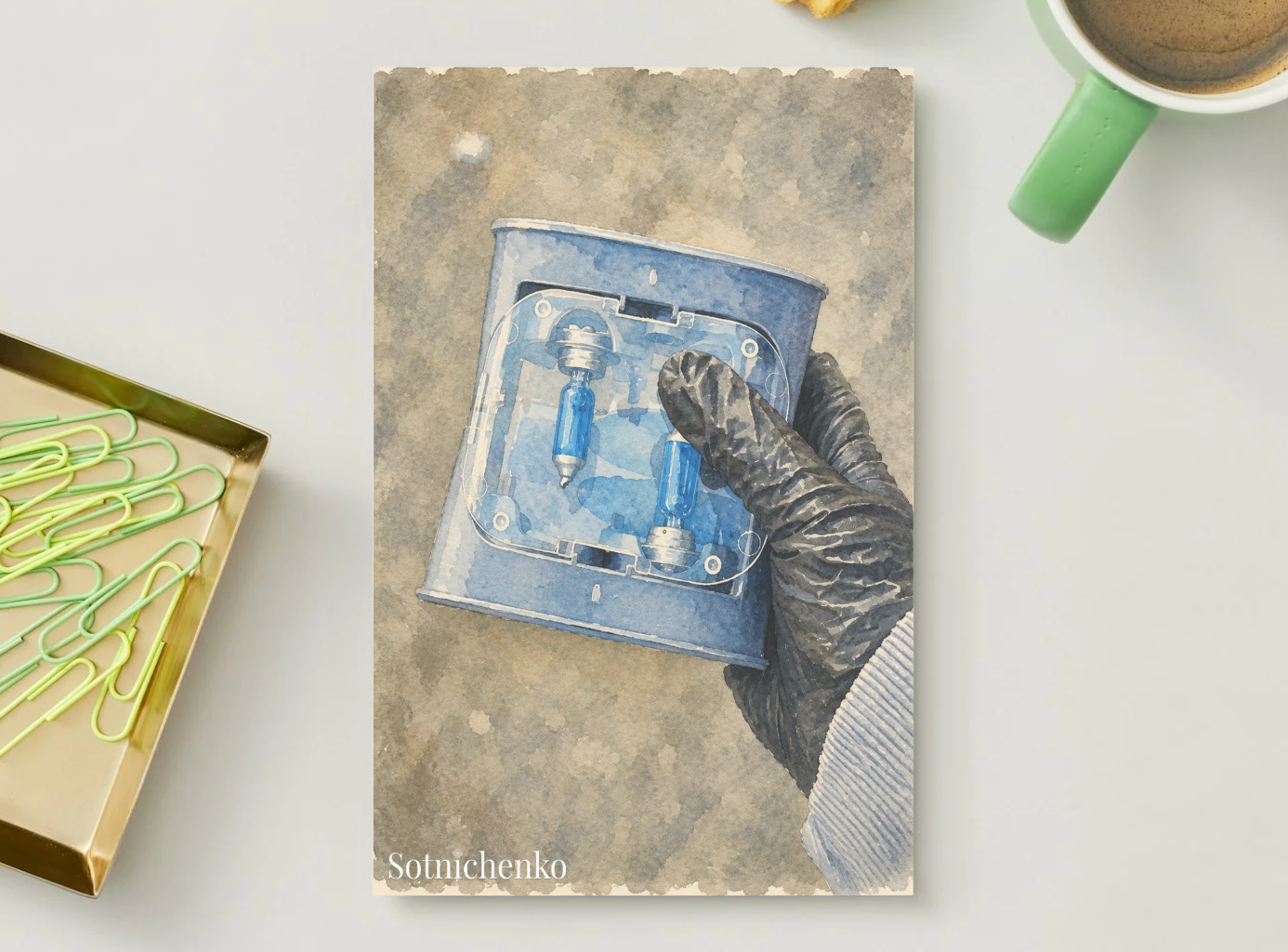 Blue Light Bulbs in Hand — DIY Repair Printable Postcard