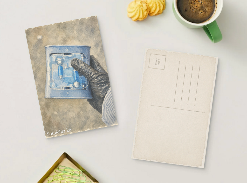 Blue Light Bulbs in Hand — DIY Repair Printable Postcard