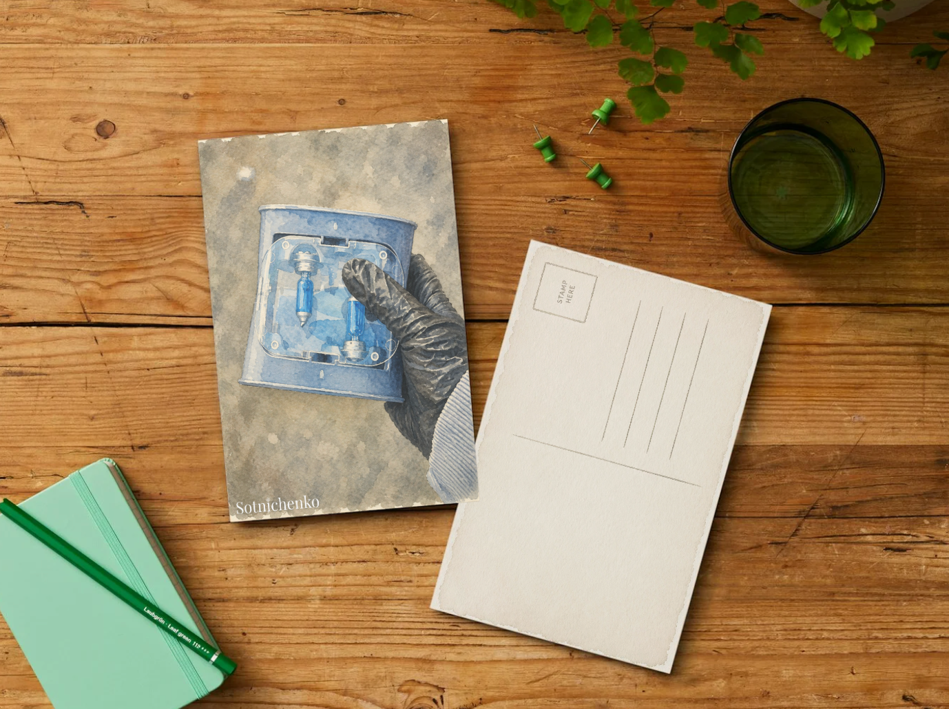 Blue Light Bulbs in Hand — DIY Repair Printable Postcard