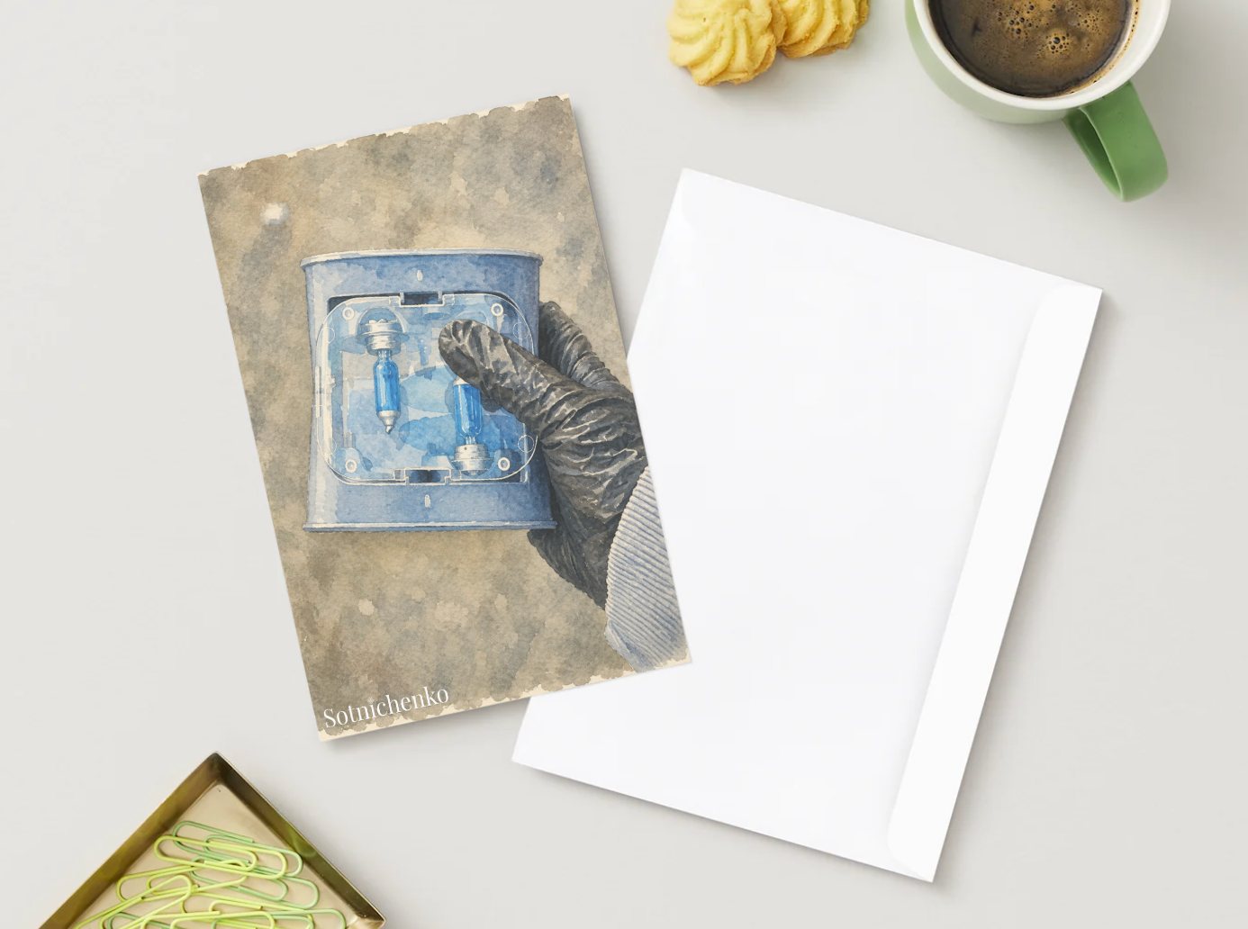 Blue Light Bulbs in Hand — DIY Repair Printable Postcard