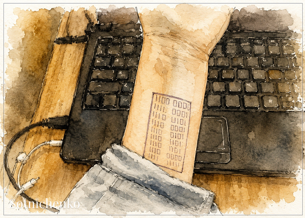 Code Notes Between Laptops — Digital Work Printable Postcard