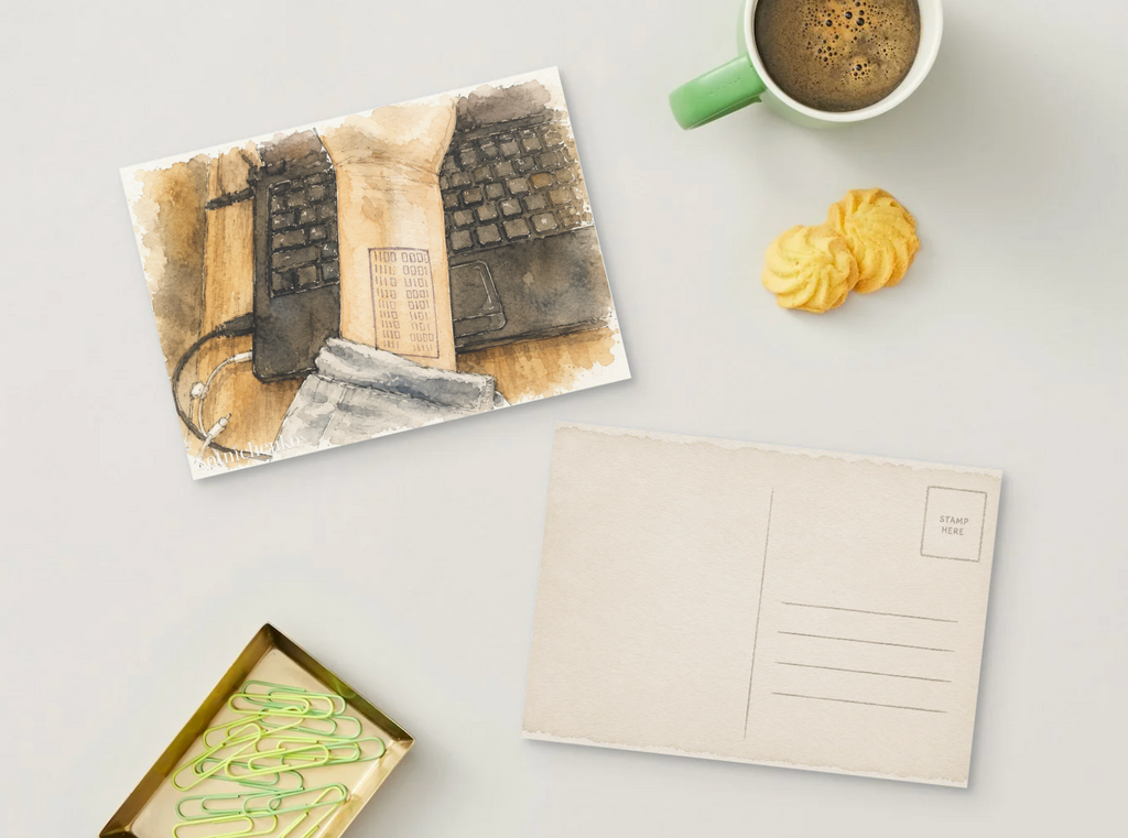 Code Notes Between Laptops — Digital Work Printable Postcard