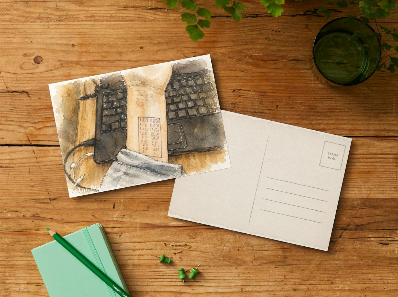 Code Notes Between Laptops — Digital Work Printable Postcard