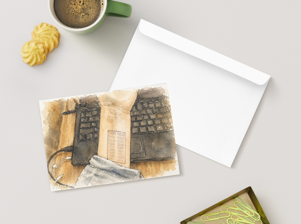 Code Notes Between Laptops — Digital Work Printable Postcard
