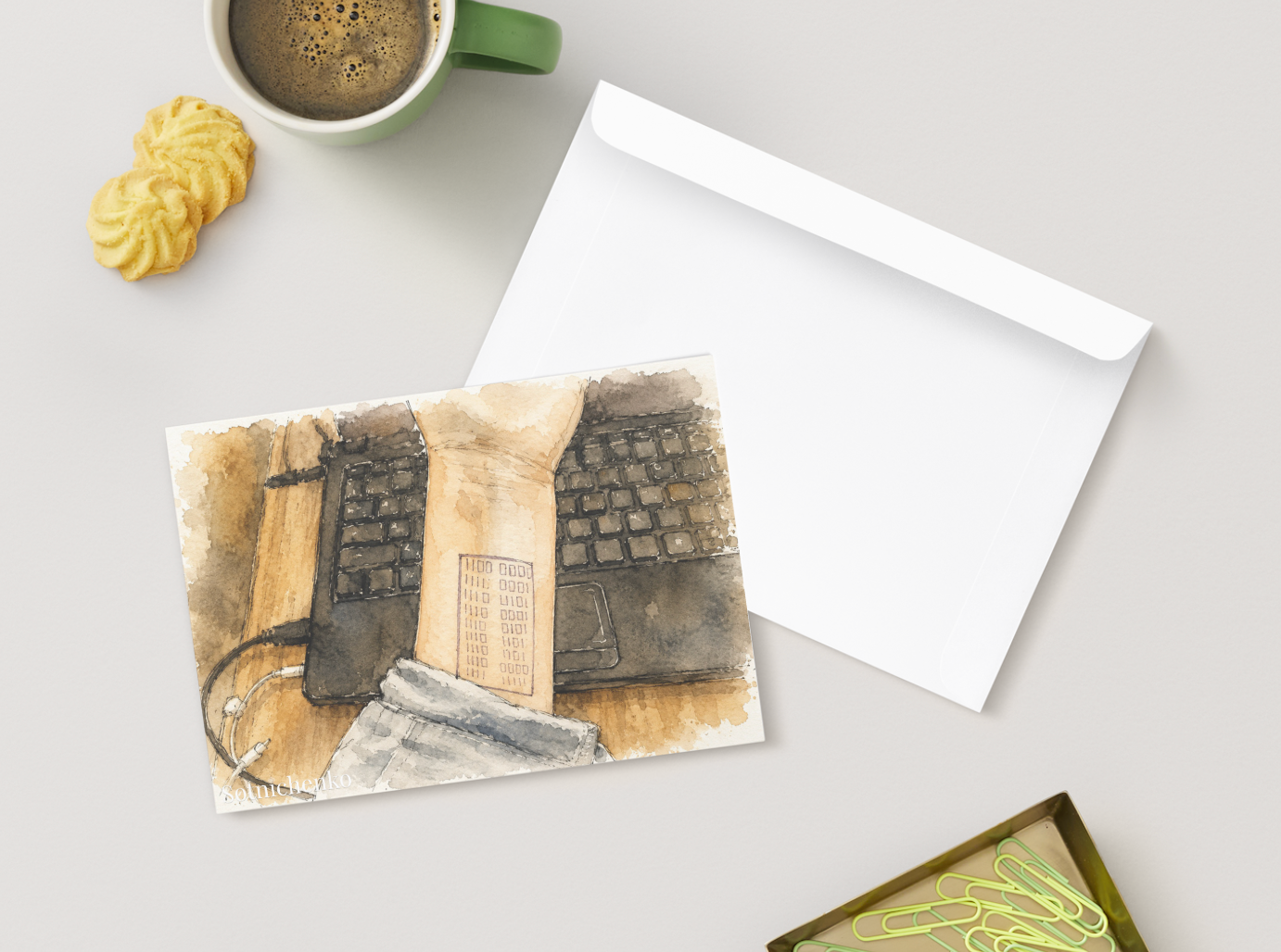 Code Notes Between Laptops — Digital Work Printable Postcard
