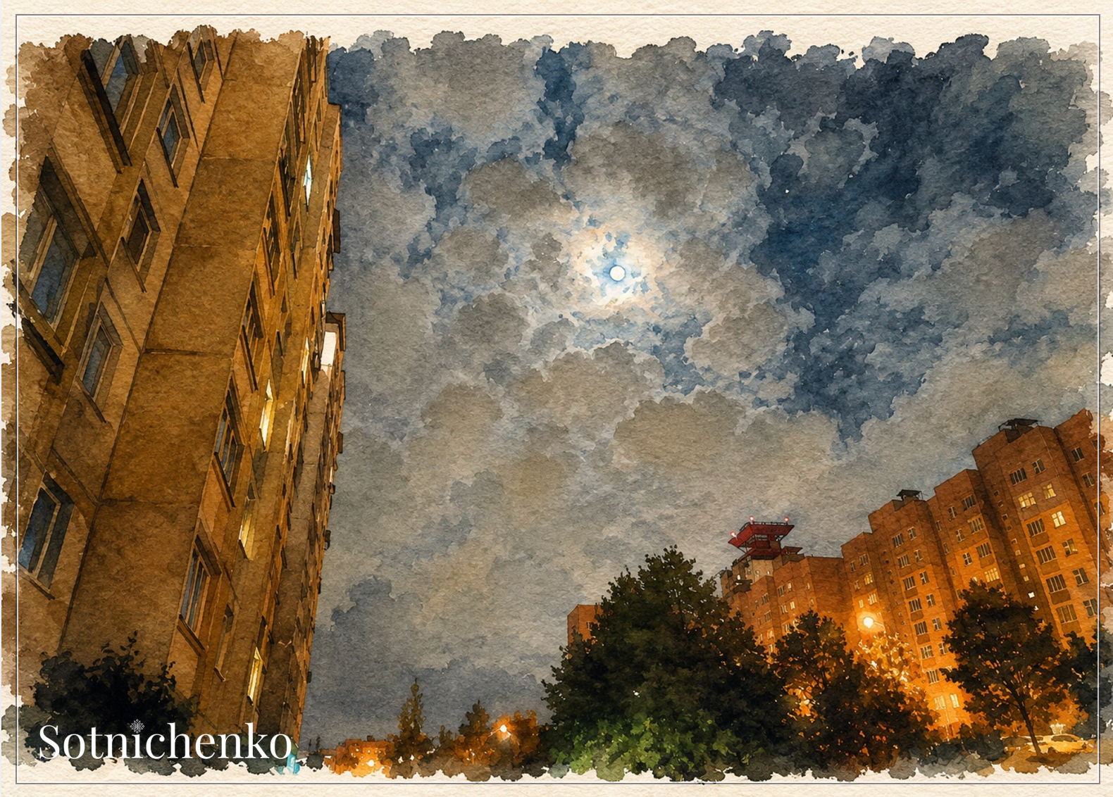 Moon Over City Blocks — Urban Night Printable Postcard