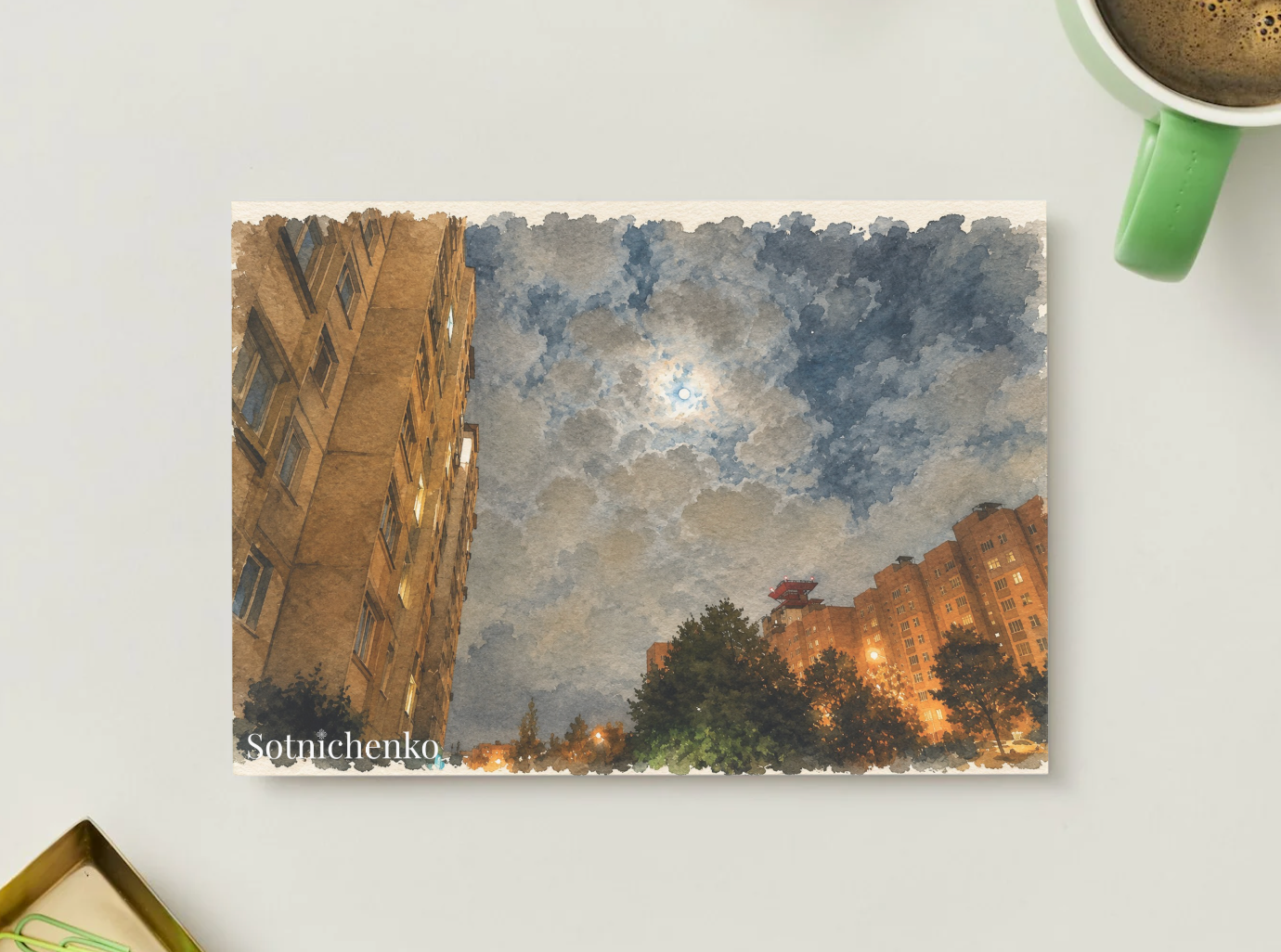 Moon Over City Blocks — Urban Night Printable Postcard