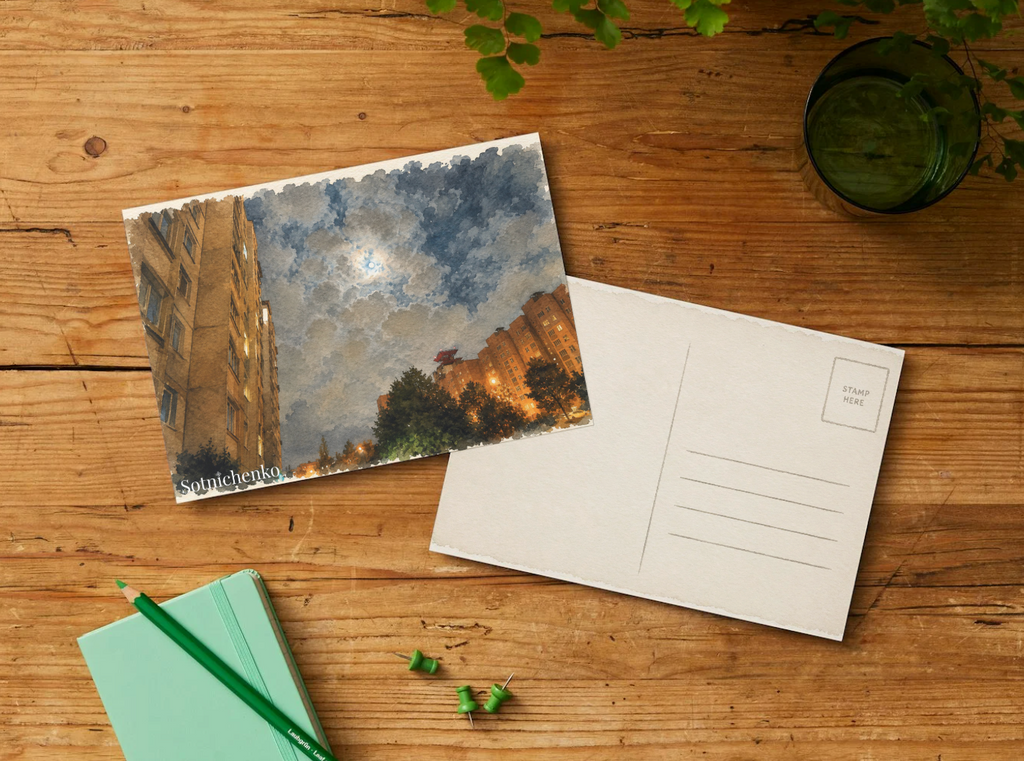 Moon Over City Blocks — Urban Night Printable Postcard