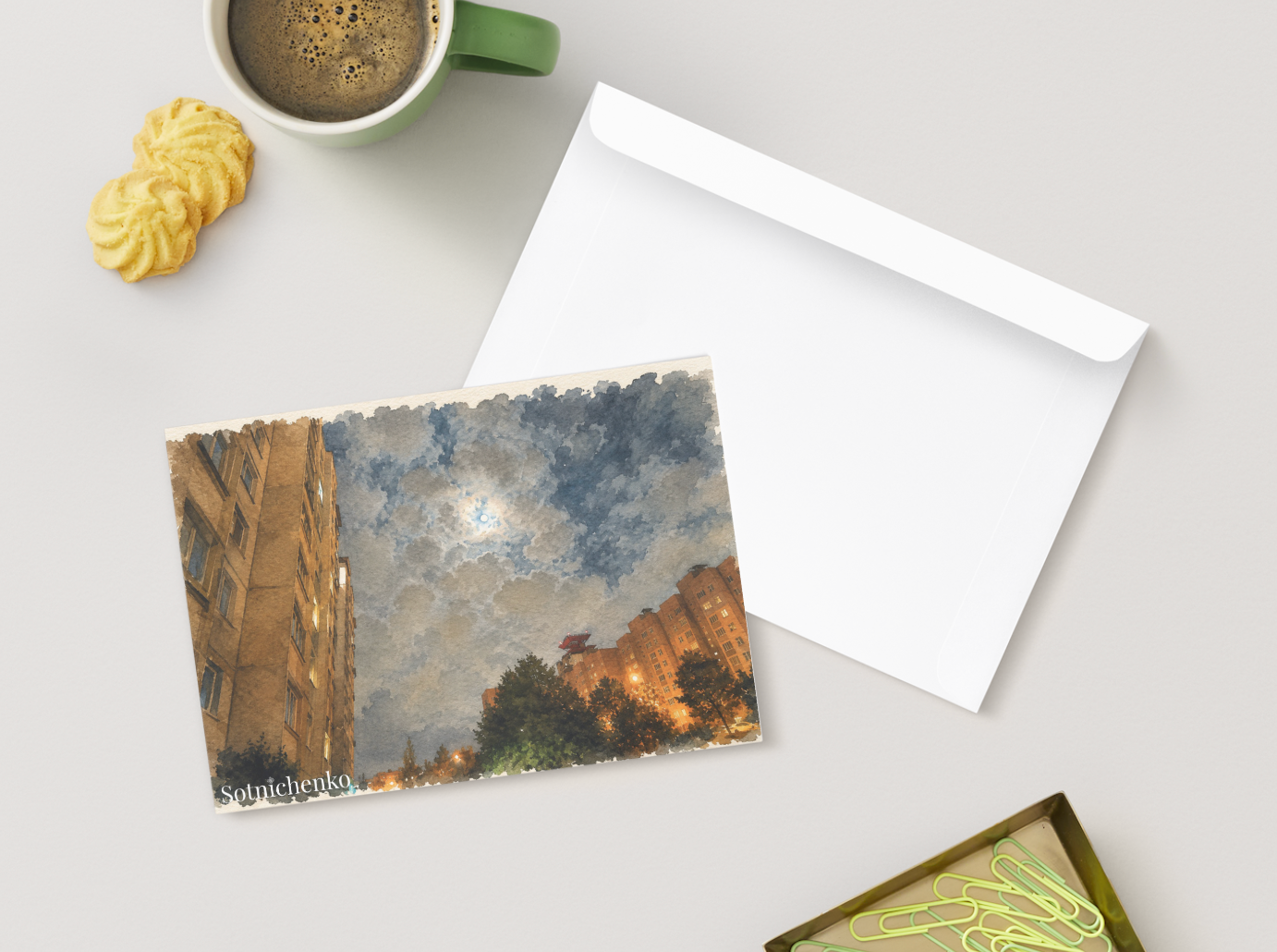 Moon Over City Blocks — Urban Night Printable Postcard