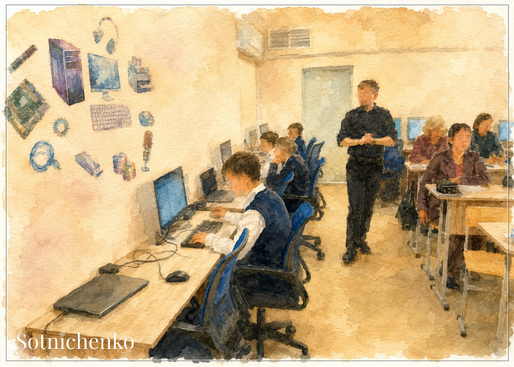 Computer Classroom Scene — School Printable Postcard