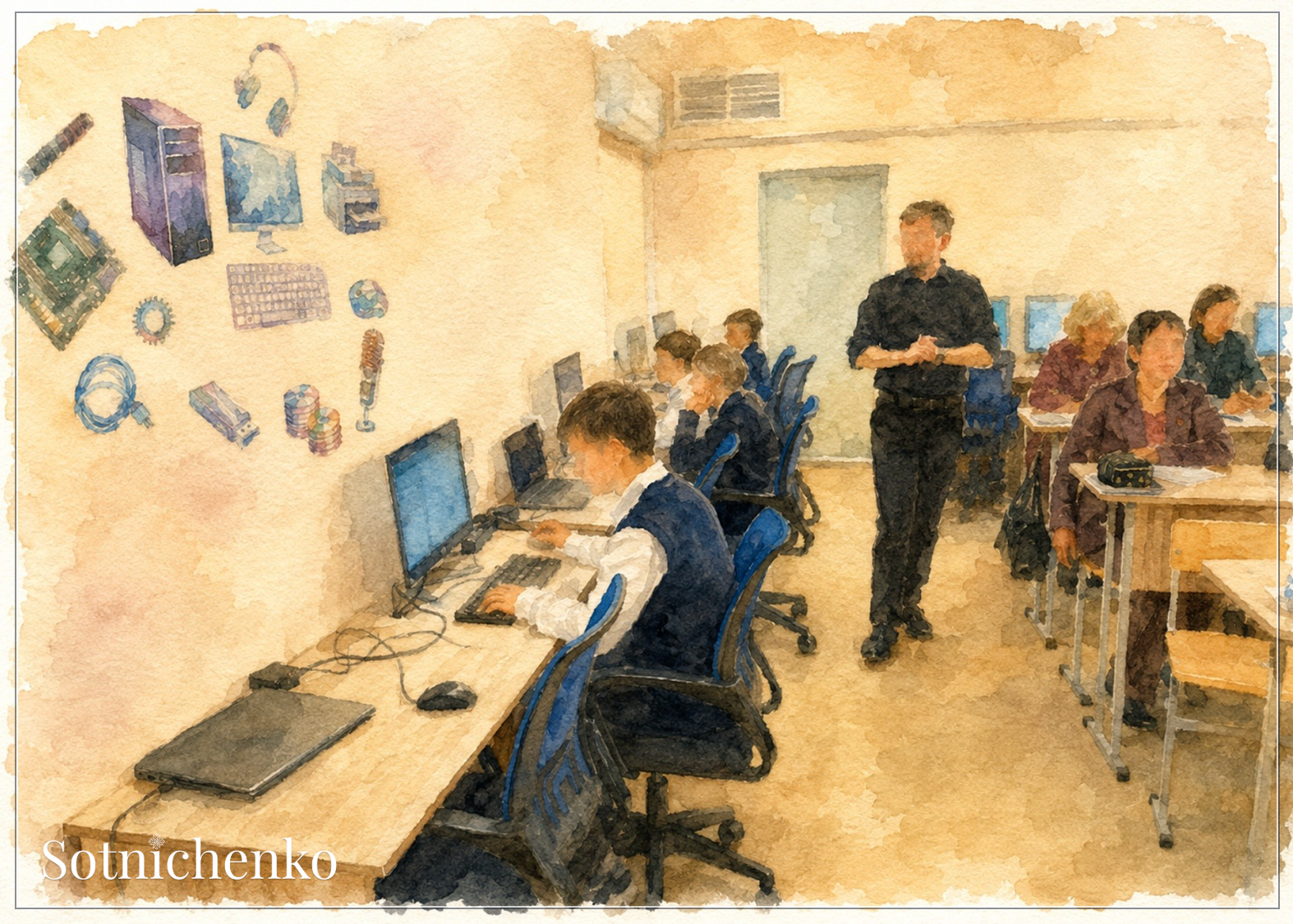 Computer Classroom Scene — School Printable Postcard