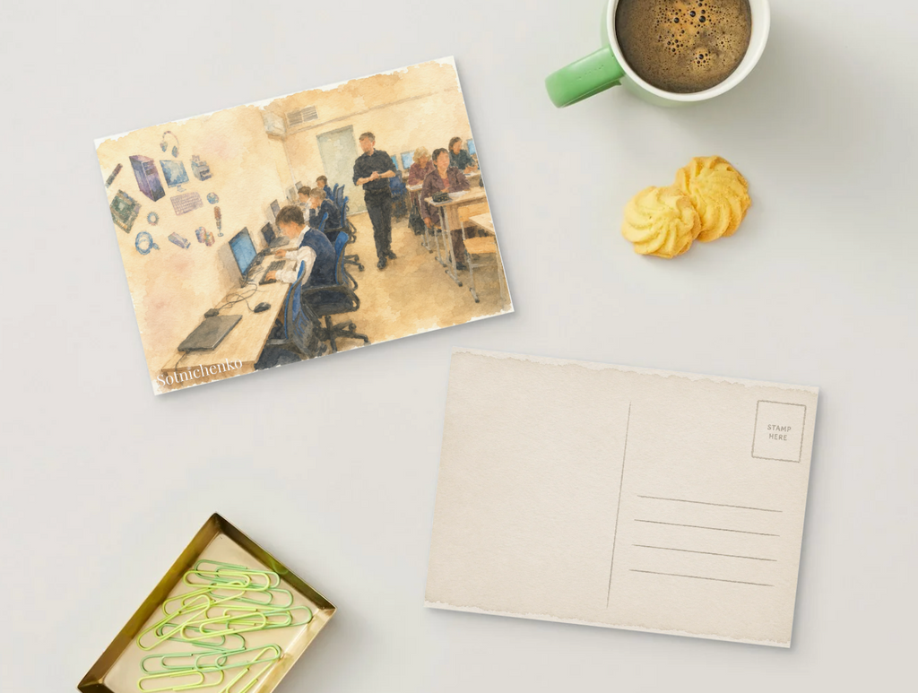 Computer Classroom Scene — School Printable Postcard