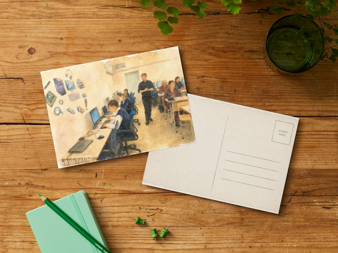 Computer Classroom Scene — School Printable Postcard