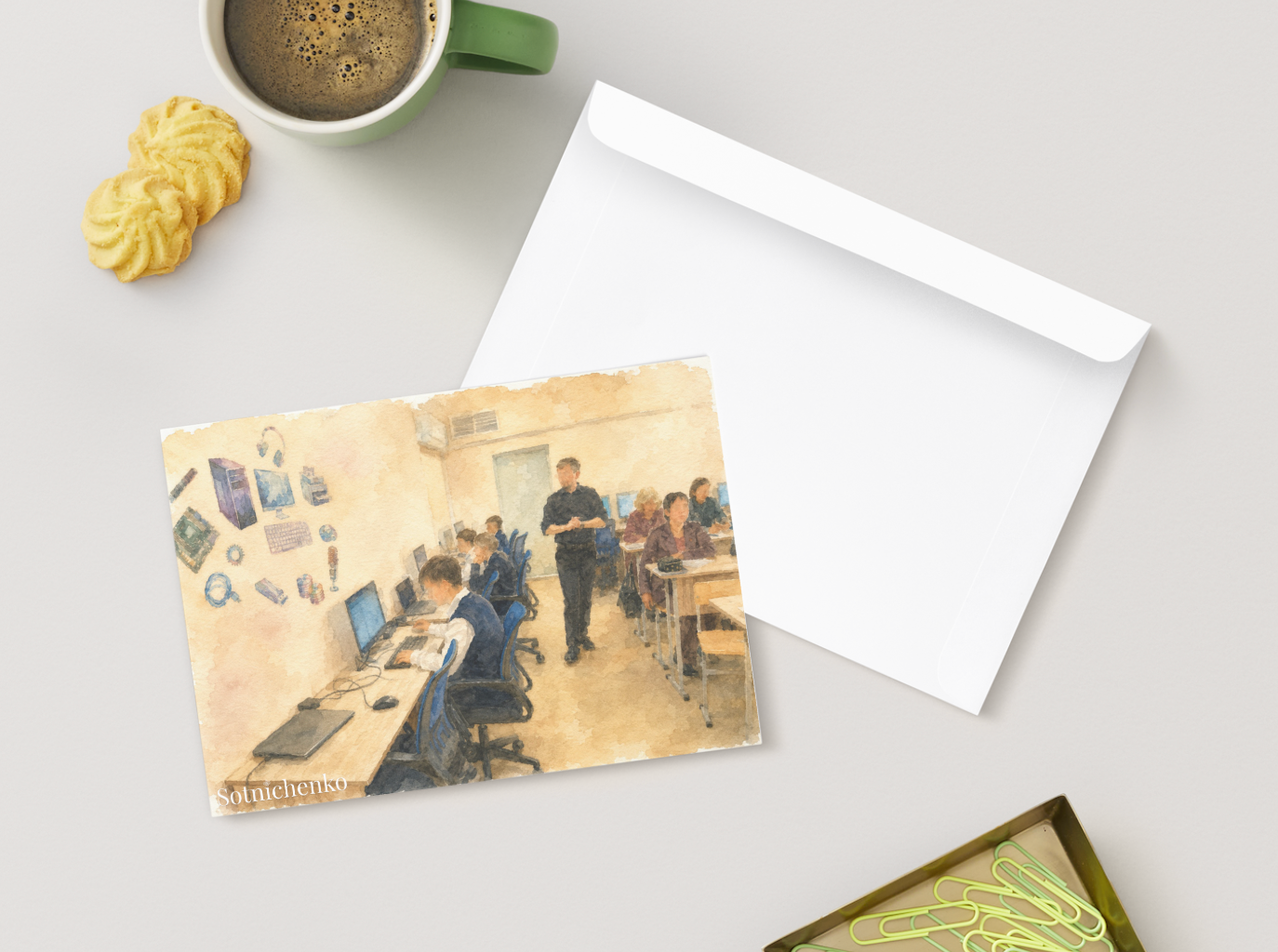 Computer Classroom Scene — School Printable Postcard