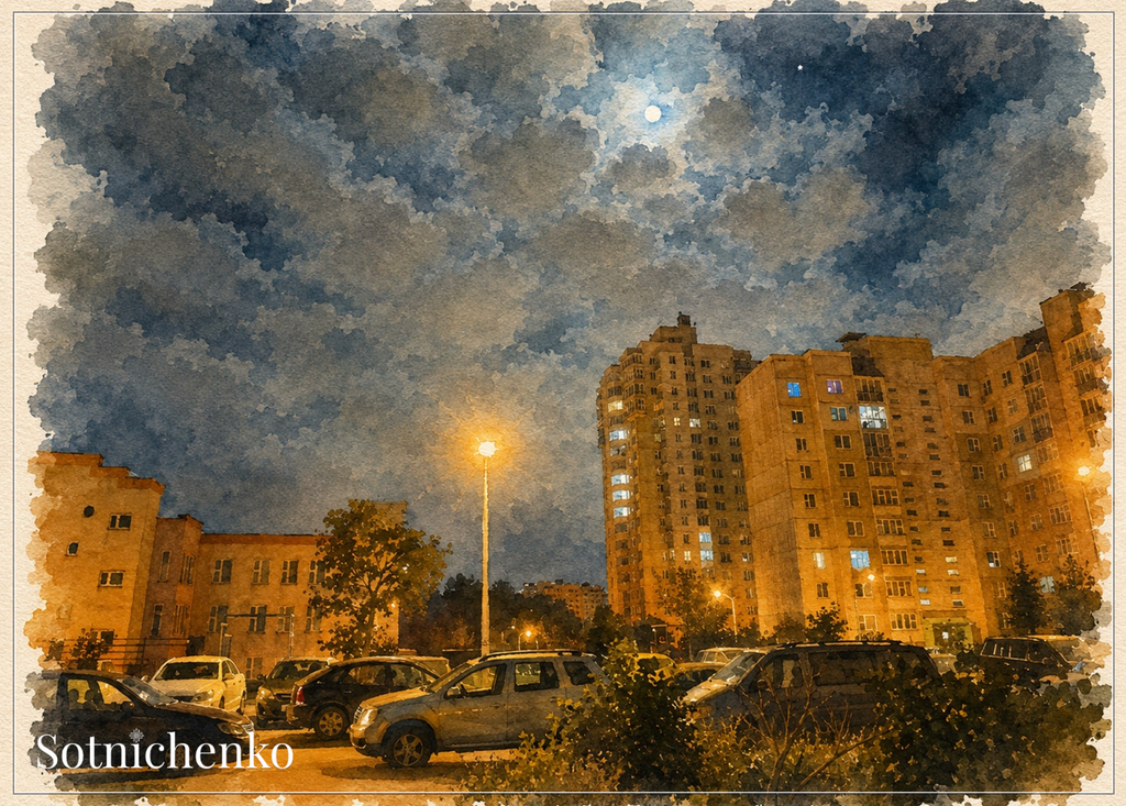 Moonlit Apartment Courtyard — Urban Night Printable Postcard