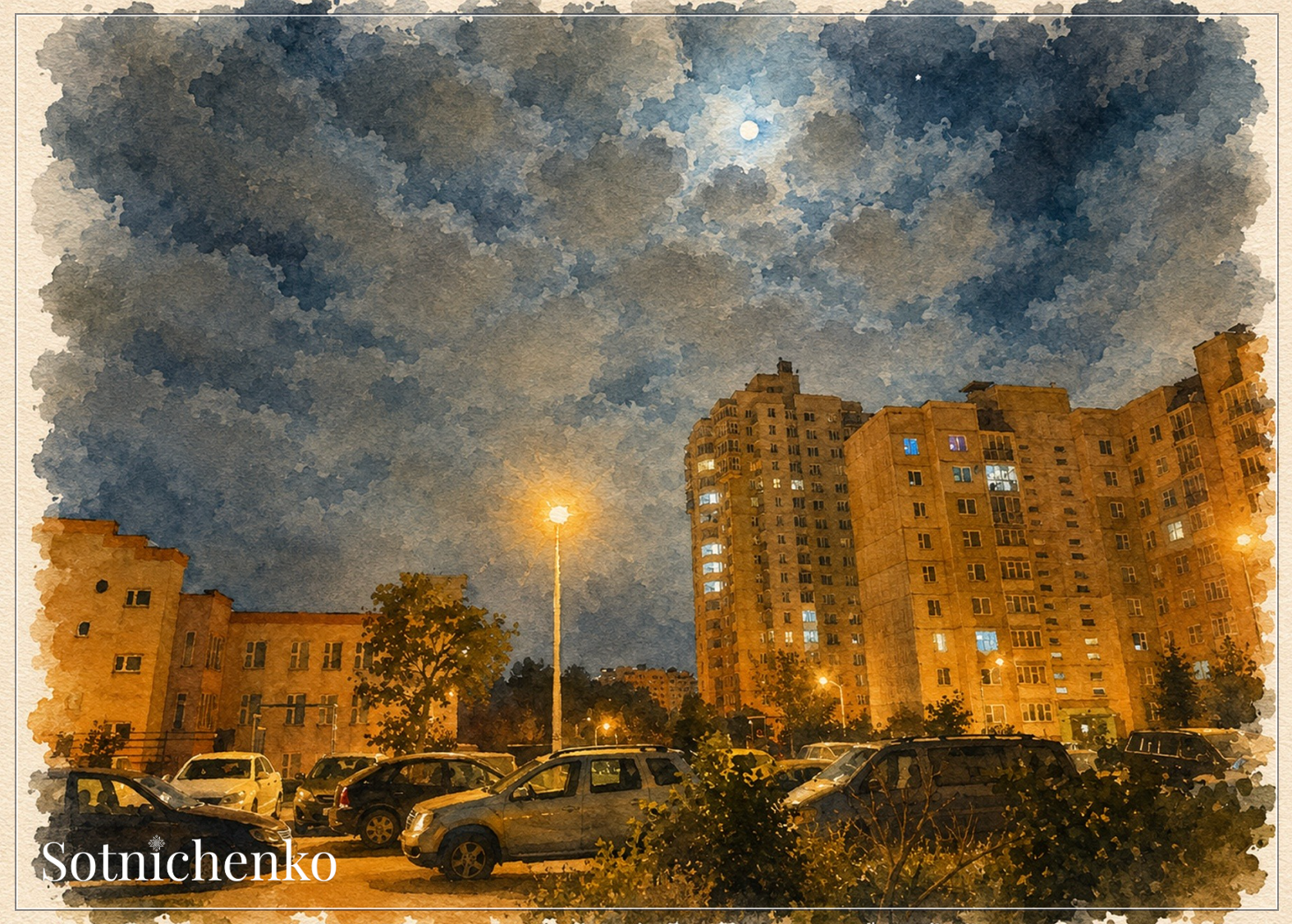 Moonlit Apartment Courtyard — Urban Night Printable Postcard