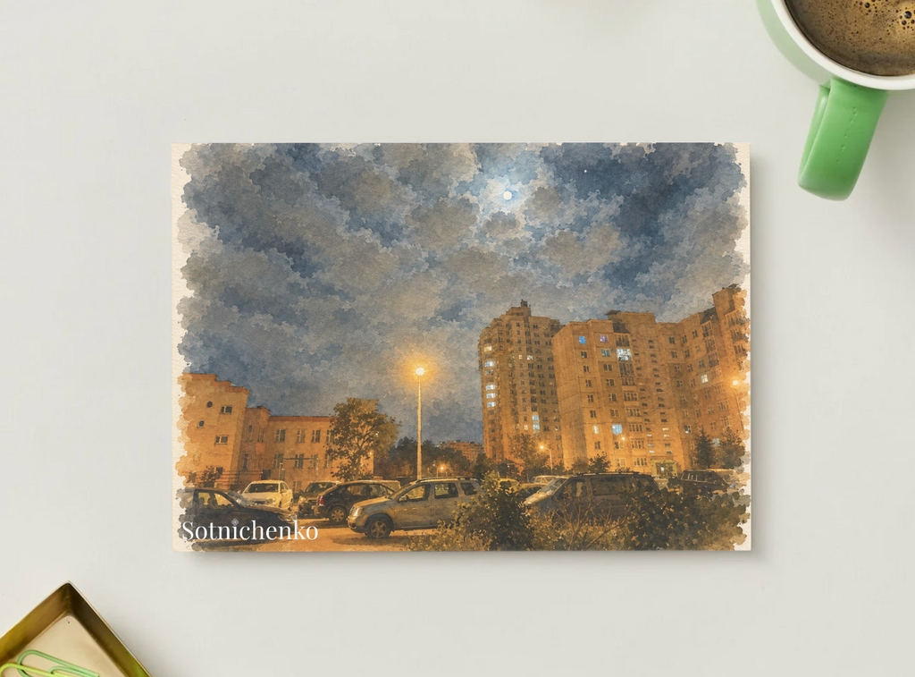 Moonlit Apartment Courtyard — Urban Night Printable Postcard
