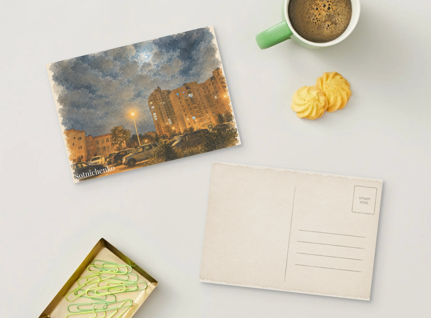 Moonlit Apartment Courtyard — Urban Night Printable Postcard