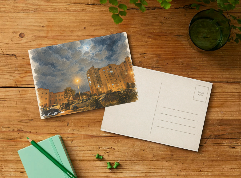 Moonlit Apartment Courtyard — Urban Night Printable Postcard