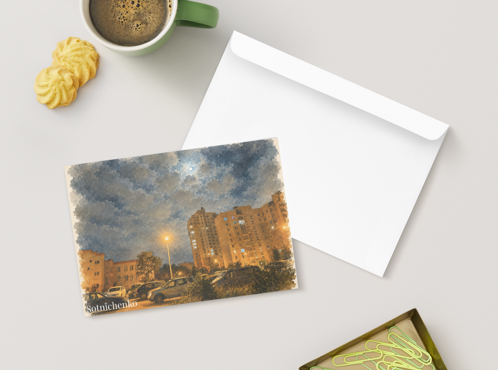Moonlit Apartment Courtyard — Urban Night Printable Postcard