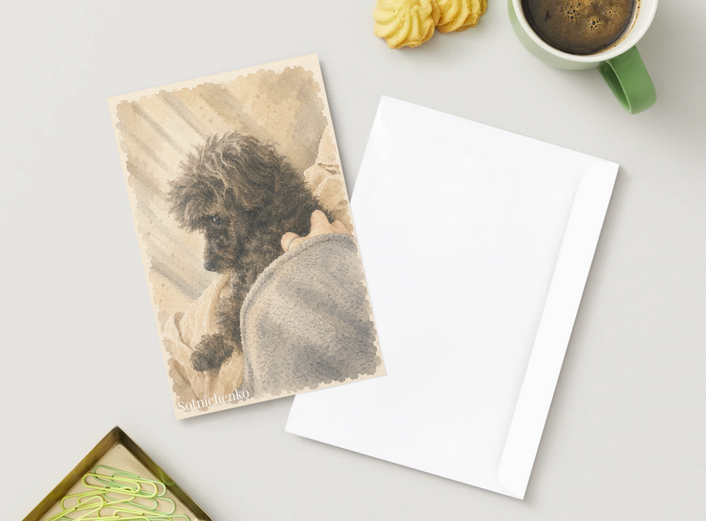 Poodle Under the Blanket — Cozy Dog Printable Postcard