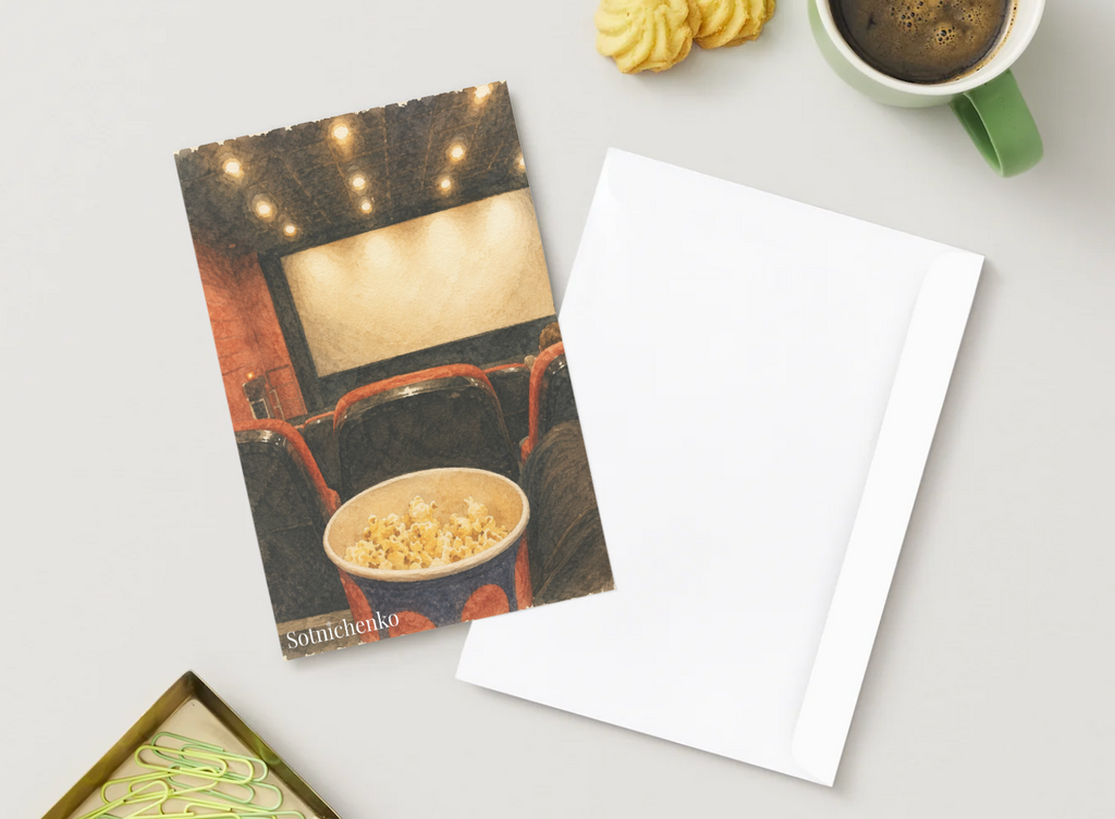 Popcorn Before the Movie — Cozy Cinema Printable Postcard