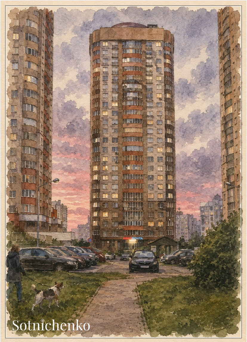 Evening Between the Towers — Urban Printable Postcard