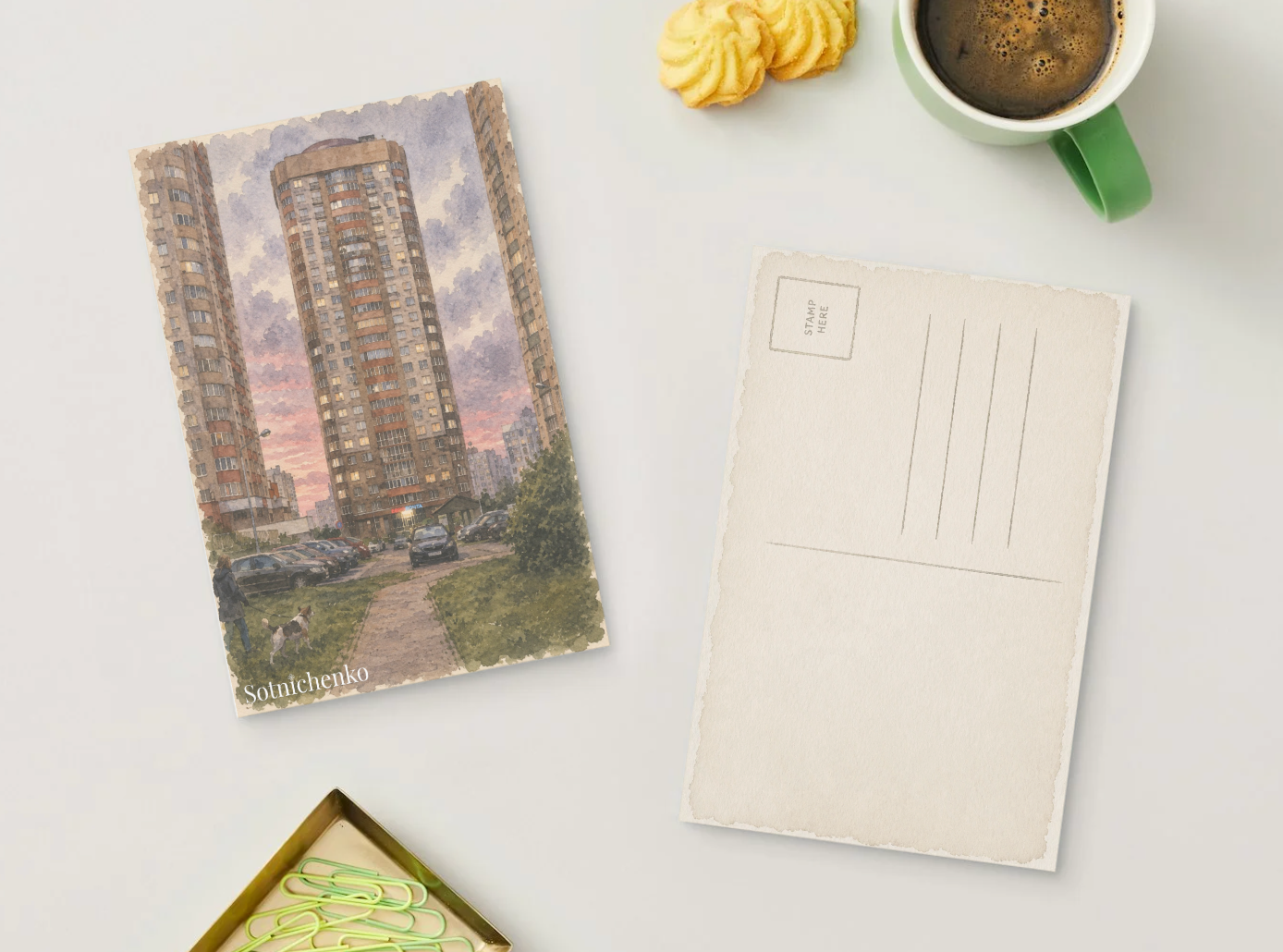 Evening Between the Towers — Urban Printable Postcard